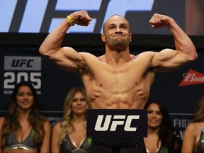 UFC Lightweight Champion Eddie Alvarez reacts during UFC 205 Weigh-ins at Madison Square Garden on Nov. 11, 2016 in New York City.  (Michael Reaves/Getty Images)