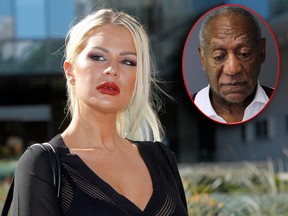 In this Wed., Jan. 14, 2015 file photo, Chloe Goins, a model who claims entertainer Bill Cosby (inset) drugged and sexually abused her at the Playboy Mansion in 2008, appears before reporters outside Los Angeles police headquarters after meeting police investigators in Los Angeles. (AP Photo/Nick Ut, File/Montgomery County Correctional Facility via AP)