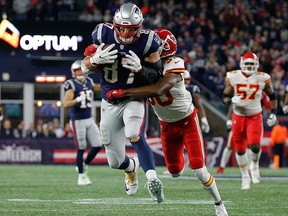 Rob Gronkowski of the New England Patriots makes a catch in the fourth quarter to put the team in field-goal range against the Kansas City Chiefs in the fourth quarter at Gillette Stadium on Oct. 14, 2018 in Foxborough, Mass.