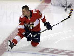 In this Feb. 9, 2018, file photo, Florida Panthers centre Micheal Haley (18) stretches before a game against the Los Angeles Kings in Sunrise, Fla. (AP Photo/Lynne Sladky, File)