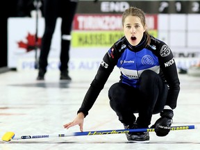 In this  Sept. 30, 2018, file photo, skip Anna Hasselborg, left, of Sweden yells instructions after throwing a rock during the women's final at the Grand Slam of Curling's Princess Auto Elite 10 tournament at Thames Campus Arena in Chatham, Ont.Network