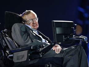 In this Wednesday Aug. 29, 2012 file photo, physicist Stephen Hawking speaks during the Opening Ceremony for the 2012 Paralympics in London, Wednesday Aug. 29, 2012. (AP Photo/Matt Dunham, file)