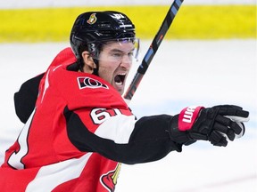 Mark Stone celebrates a Senators goal in the season opener, which Chicago won in overtime. 'We’re looking to improve off (Thursday) night and show that we belong with the top teams in the league,' Stone said.
