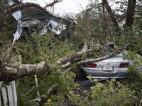 A tree lays on a home and car after Hurricane Michael passed through the area on October 10, 2018 in Panama City, Florida. (Joe Raedle/Getty Images)