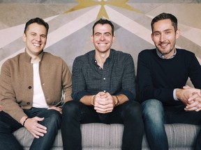 In this undated photo provided by Instagram/Facebook Inc. Adam Mosseri, center, poses for a photo with Instagram co-founders Kevin Systrom, right, and Mike Krieger. Facebook says it has named Mosseri, a 10-year veteran of the company, as the CEO of Instagram. (Instagram/Facebook Inc. via AP) ORG XMIT: NYBZ181