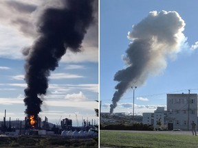 Fire and smoke rise from an Irving Oil refinery following reports of an explosion in Saint John, N.B., on Monday, Oct.8, 2018.
