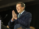 Toronto mayor John Tory celebrates his re-election victory at the Sheraton Centre Toronto hotel on Monday, Oct 22, 2018.