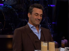 Jon Hamm appears on the Spill Your Guts or Fill Your Guts segment of "The Late Late Show with James Corden." (YouTube)
