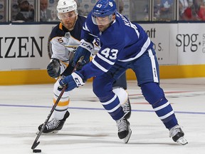 Nazem Kadri of the Toronto Maple Leafs breaks past Matt Tennyson of the Buffalo Sabres at Scotiabank Arena on September 21, 2018 in Toronto. (Claus Andersen/Getty Images)