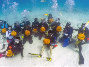 In this photo provided by the Florida Keys News Bureau, divers participating in an Underwater Pumpkin Carving Contest staged Sunday, Oct. 14, 2018, in the Florida Keys National Marine Sanctuary off Key Largo, Fla., display their creations. (Frazier Nivens/Florida Keys News Bureau via AP)