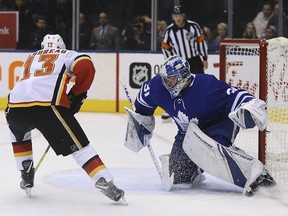 Calgary Flames Johnny Gaudreau LW goes in one-on-one with Toronto Maple Leafs Frederik Andersen G (31) with ease during the second period in Toronto on Tuesday Oct. 30, 2018.