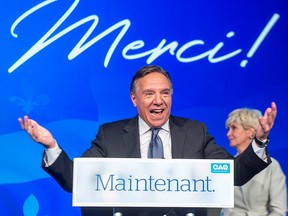 Coalition Avenir Quebec Leader Francois Legault speaks to supporters after winning the provincial election Monday, Oct.1, 2018 in Quebec City, Que.