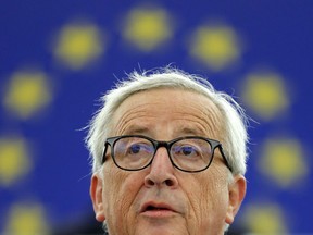 In this Wednesday, Sept. 12, 2018 file photo, European Commission President Jean-Claude Juncker delivers his State of Union speech at the European Parliament in Strasbourg, eastern France.