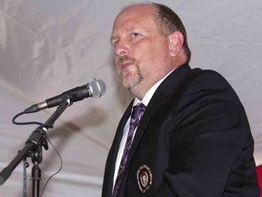 Matt Stairs speaks during his induction to the Canadian Baseball Hall of Fame in St. Marys, Ont. on Saturday, June 13, 2015. (Postmedia Network file photo)