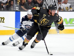 Nate Schmidt of the Vegas Golden Knights carries the puck against the Winnipeg Jets during Game 4 of the Western Conference final at T-Mobile Arena on May 18, 2018 in Las Vegas. (Harry How/Getty Images)
