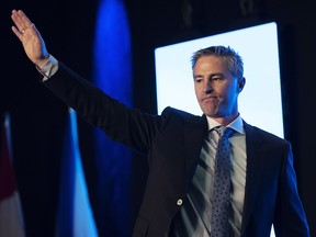 Tim Houston acknowledges the crowd after being elected the new leader of the Nova Scotia Progressive Conservative Party at the PC leadership convention in Halifax on Saturday, October 27, 2018. (THE CANADIAN PRESS/Ted Pritchard)