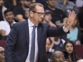 Toronto Raptors head coach Nick Nurse reacts from the bench during the second half of pre-season NBA action against the Portland Trail Blazers in Vancouver, on Sept, 29, 2018.