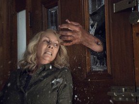 This image released by Universal Pictures shows Jamie Lee Curtis in a scene from "Halloween," in theaters nationwide on Oct. 19.