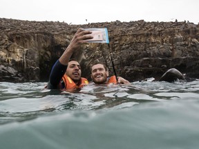 In this Aug. 8, 2018 photo, tourists take a selfie in the water with sea lions in the background on the Palomino Islands off the coast of Lima, Peru.