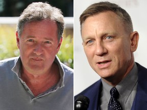 Piers Morgan, left, is facing backlash on social media after tweeting an image of James Bond actor Daniel Craig with a baby sling with the hashtag "emasculatedbond." (WENN.com file photos)