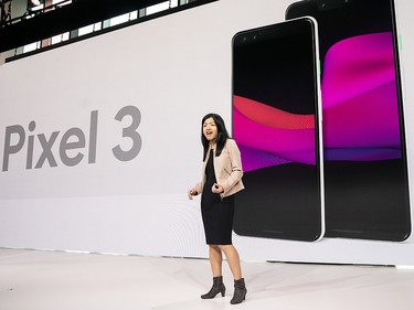 Liza Ma, product manager at Google, discusses the new Google Pixel 3 and Pixel 3 XL smartphones during a Google product release event, Oct. 9, 2018 in New York City.