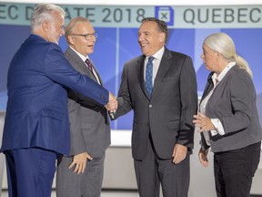 Liberal Leader Philippe Couillard, left to right, PQ Leader Jean-François Lisée, CAQ Leader François Legault and Quebec Solidaire co-spokesperson Manon Massé are vying to become Quebec's next premier on Monday night.