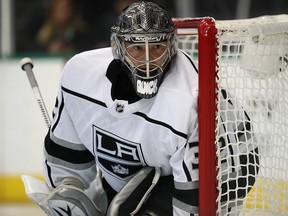 Jonathan Quick of the Los Angeles Kings tends goal against the Dallas Stars at American Airlines Center on October 23, 2018 in Dallas. (Ronald Martinez/Getty Images)