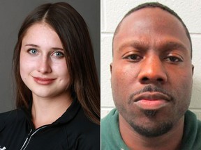 Lauren McCluskey, left, a University of Utah student was shot and killed on campus by a former boyfriend Melvin Rowland, right, who was found dead hours later inside a church Tuesday, Oct. 23, 2018, authorities said. (Steve C. Wilson/University of Utah via AP and Utah Department of Corrections via AP photos)