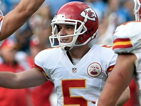 Kansas City Chiefs kicker Cairo Santos celebrates with teammates after kicking a field goal against the San Diego Chargers during the second half of an NFL football game Sunday, Oct. 19, 2014, in San Diego.