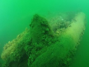 This Tuesday, Sept. 4, 2018, photo provided by Cleveland Underwater Explorers Inc. shows the remains of a shipwreck found in the Ohio waters of Lake Erie. Shipwreck hunters and a marine archaeologists say the wreckage found in 2015 is most likely from a sailing ship that went down nearly two centuries ago. The discovery would make it the oldest ever found in the lake. (David M VanZandt/Cleveland Underwater Explorers Inc. via AP) ORG XMIT: OHTD201