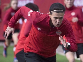 Christine Sinclair and members of the Canadian women's soccer team practice at B.C. Place, in Vancouver on Friday, Feb. 3, 2017. (THE CANADIAN PRESS/Jonathan Hayward)
