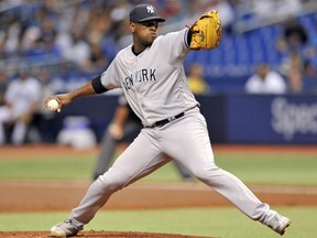New York Yankees starter Luis Severino pitches against the Tampa Bay Rays during the first inning of a baseball game Tuesday, Sept. 25, 2018, in St. Petersburg, Fla.