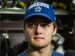 Toronto Maple Leafs William Nylander speaks to media during the Leafs locker clean out at the Air Canada Centre in Toronto, Ont. on Friday April 27, 2018.