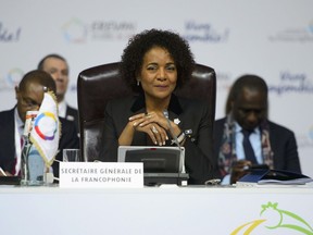 Michaelle Jean, secretary general of la Francophonie, takes part in a plenary session at the Francophonie Summit in Yerevan, Armenia on Thursday, Oct. 11, 2018.