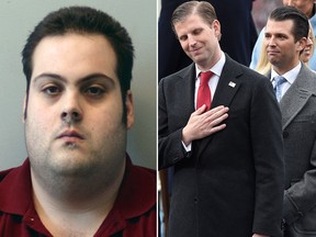 Daniel Frisiello, of Beverly, Mass., (L) has pleaded guilty to of mailing five envelopes in February with threatening messages and a white substance, including ones to Donald Trump's sons Eric (C) and Donald Jr. (Beverly Police Department via AP/Saul Loeb - Pool/Getty Images)