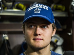 Toronto Maple Leafs William Nylander speaks to media during the Leafs locker clean out at the Air Canada Centre in Toronto, Ont. on April 27, 2018. (Ernest Doroszuk/Toronto Sun)