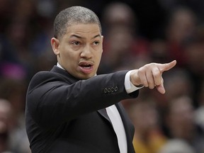 Cleveland Cavaliers head coach Tyronn Lue yells instructions against the Denver Nuggets, Saturday, March 3, 2018, in Cleveland. (AP Photo/Tony Dejak)