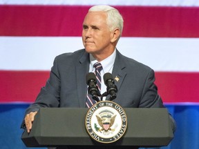 U.S. Vice President Mike Pence speaks at a campaign event for Republican U.S. Rep. Cathy McMorris Rodgers at the Spokane Convention Center Tuesday, Oct. 2, 2018, in Spokane, Wash.