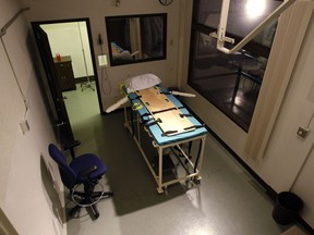In this Nov. 20, 2008, file photo, the execution chamber at the Washington State Penitentiary is shown with the witness gallery behind glass at right, in Walla Walla, Wash.