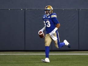 Winnipeg Blue Bombers RB Andrew Harris runs toward the stands after his touchdown reception during CFL action against the Montreal Alouettes in Winnipeg on Fri., Sept. 21, 2018.