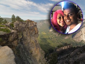 Vishnu Viswanath and his wife Meenakshi Moorthy (inset) fell to their deaths from Taft Point in Yosemite Park, Calif., while trying to take a selfie. (Vishnu Viswanath/Facebook via AP/elgad/Getty Images)