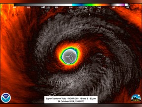 This false-colour satellite image provided by the National Oceanic and Atmospheric Administration (NOAA) shows the moment the eye of Super Typhoon Yutu passed over Tinian, one of three main islands in the U.S. Commonwealth of the Northern Mariana Islands, producing damaging winds and high surf Wednesday, Oct. 24, 2018.