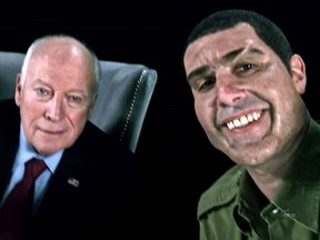 This image released by Showtime shows former Vice President Dick Cheney, left, and actor Sacha Baron Cohen, portraying retired Israeli Colonel Erran Morad in a still from "Who Is America?"  (Showtime via AP) ORG XMIT: NYET309