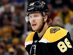 David Pastrnak of the Boston Bruins looks on during the first period at TD Garden on Oct. 27, 2018 in Boston.