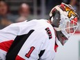 Goaltender Mike Condon of the Ottawa Senators looks down ice during the first period against the Arizona Coyotes at Gila River Arena on Oct. 30, 2018.