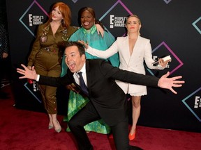 Christina Hendricks, Retta, Mae Whitman, and (front) Jimmy Fallon attend the People's Choice Awards 2018 at Barker Hangar on November 11, 2018 in Santa Monica, California.