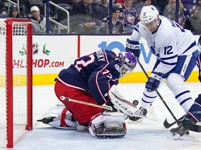COLUMBUS, OH - NOVEMBER 23: Sergei Bobrovsky #72 of the Columbus Blue Jackets stops a shot from Patrick Marleau #12 of the Toronto Maple Leafs during the third period on November 23, 2018 at Nationwide Arena in Columbus, Ohio. Columbus defeated Toronto 4-2. (Photo by Kirk Irwin/Getty Images)