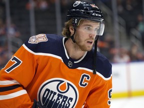 Edmonton Oilers star Connor McDavid takes part in the pre-game skate prior to the his team's NHL pre-season game on Sept. 20, 2018, against the Winnipeg Jets at Rogers Place.