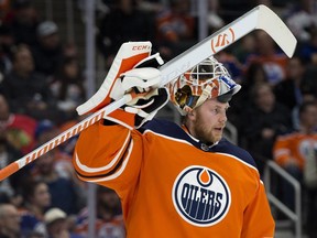 The Edmonton Oilers' goalie Mikko Koskinen during second period NHL action against the Chicago Blackhawks at Rogers Place in Edmonton Nov. 1, 2018.