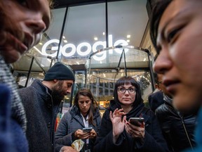 Google staff stage a walkout at the company's U.K. headquarters in London on Nov. 1, 2018 as part of a global campaign over the U.S. tech giant's handling of sexual harassment.  (TOLGA AKMEN/AFP/Getty Images)